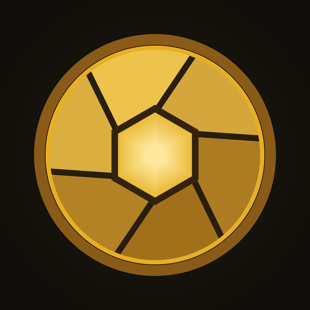 LAM — a brass camera-aperture iris mark on near-black