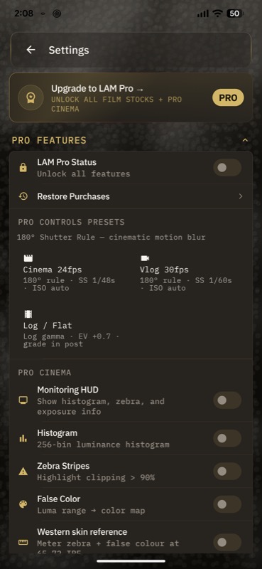 LAM Pro settings — 180° shutter presets and monitoring HUD
